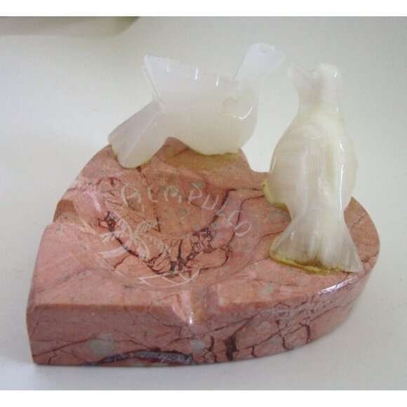 Mexican Souvenir White Alabaster Birds Pink Granite Stone Heart Ashtray Handmade - Picture 3 of 11